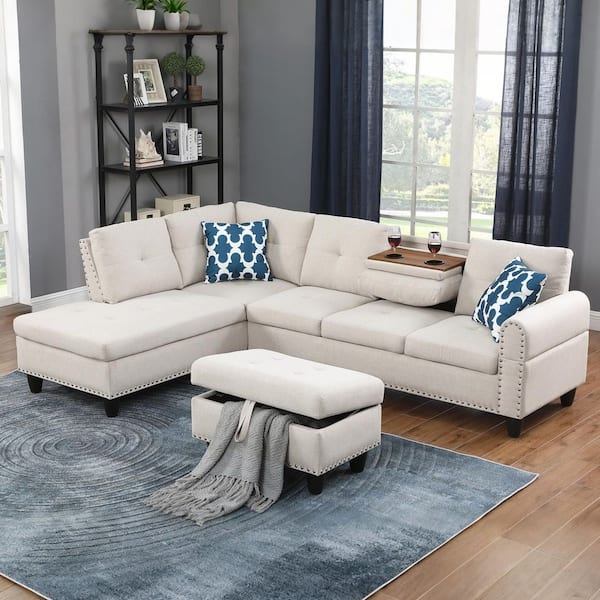 98 in. Linen L-Shaped 3-Piece Cup Holders Chaise Lounge Sectional Sofa with Pillows and Storage Ottoman in. Beige