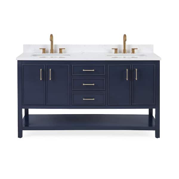 Benton Collection Felton 60 in.W x 22 in.D x 35 in.H Bathroom Vanity in Navy Blue Color with Fairy White Quartz Top