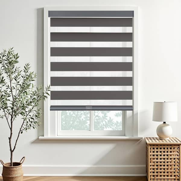 Zebra Blinds Cordless Shades-Dual Layer Light Filtering, Day & Night, Gray Polyester Fabric 35 in. W x 72 in. L