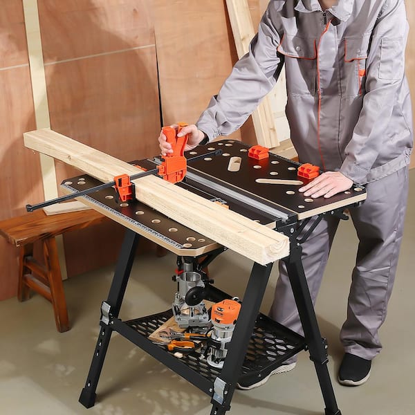 27.6 in. L x 25.6 in. W 2-In-1 Sawhorse Workbench 1000 lbs. Folding Work Table 7 Heights Foldable Stand with Wood Clamp