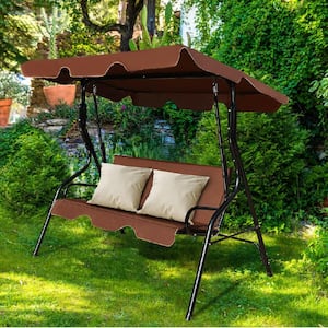 3-Person Steel Frame Patio Canopy Swing Hammock with Coffee Cushion