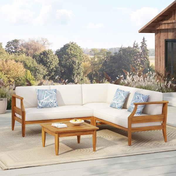 Julian Teak Finish 4-Piece Solid Wood L-Shaped Outdoor Patio Conversation Sectional Seating Set with Beige Cushions