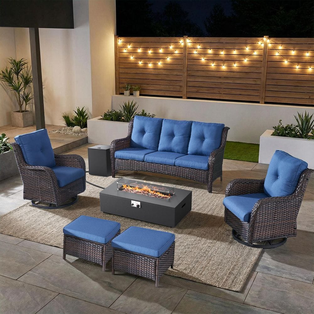 ArcLine 7-Piece Brown Wicker Fire Pit Conversation Set with Olefin Blue Cushions and Couch/ Patio Swivel Chairs price history on PriceWatchPro