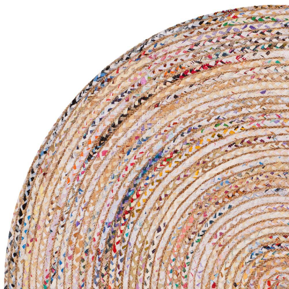Beige and Multicolor Round Hand-Knotted Wool and Cotton Rug