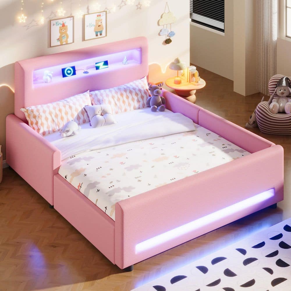 Mordecai Pink PU Leather Upholstered Wood Frame Full Platform Bed with Storage Drawers, LED Light Strip, USB Port price history on PriceWatchPro