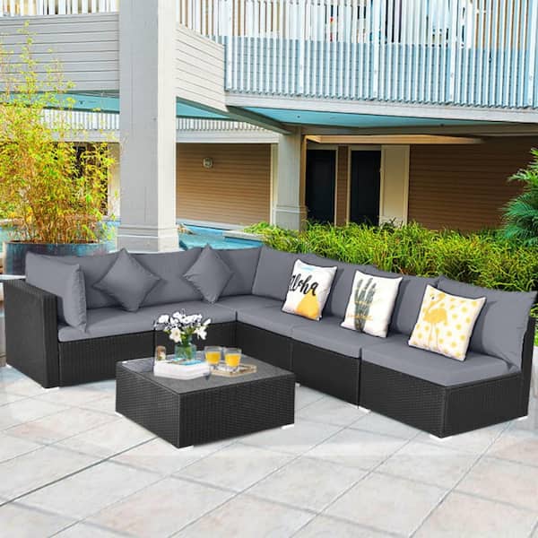 7-Piece Black Wicker Outdoor Sectional Set with Gray Cushions