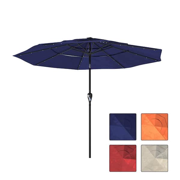 Clihome 10 ft. LED 3-Tier Market Patio Umbrella with Double Airvent in Navy Blue