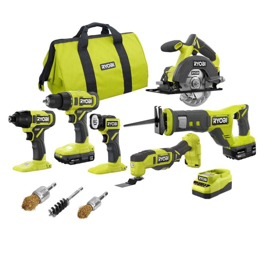 Ryobi ONE+ 18V 6-Tool Combo Kit w/ 2Ah Battery, 4Ah Battery, Charger & Detail Wire End Set (3-Pieces)