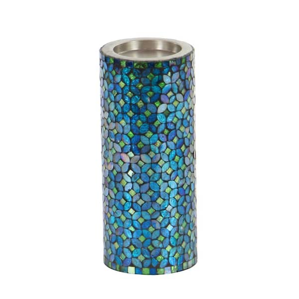 Litton Lane Teal Metal Handmade Candle Holder with Mosaic Pattern