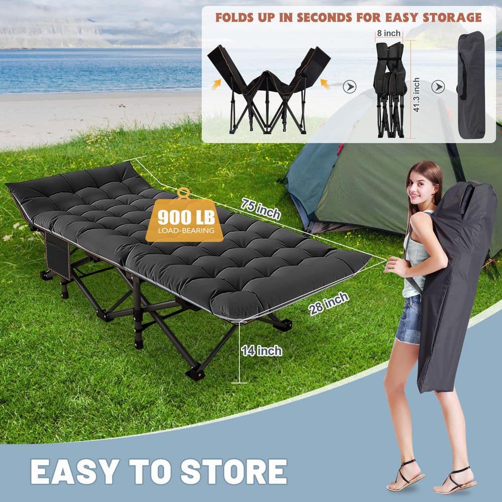 Black Steel Portable Folding Camping Cot with Cushion