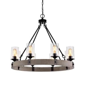 8-Light Slate Wood and Black Wheel Chandelier with Seedy Glass Shades