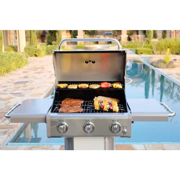 3-Burner Propane Gas Pedestal Grill with Foldable Side Shelves-Pearl