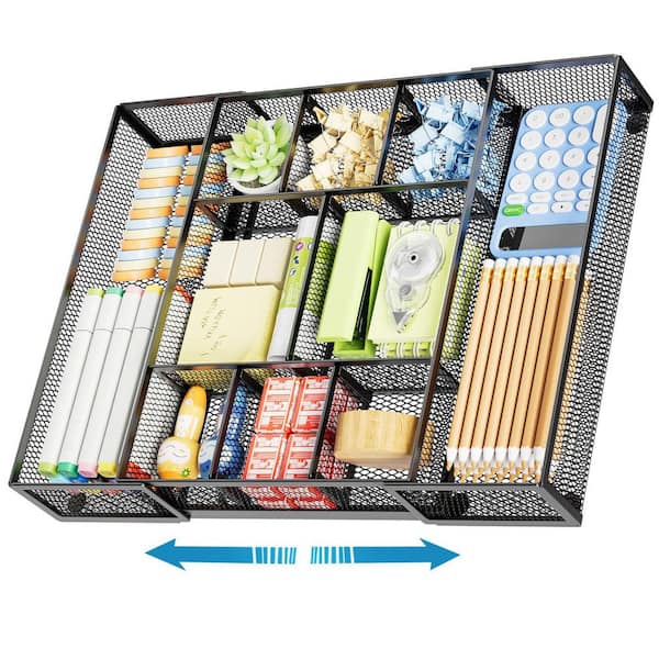 Black 17.12 in. x 11.22 in. Wire Mesh Expandable Desk Drawer Organizer w/ Adjustable Divider for Office Supplies&Makeup