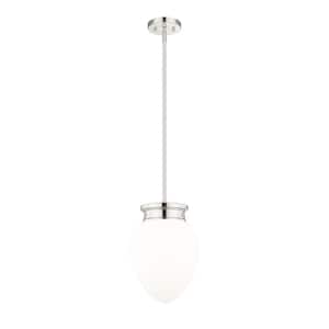 Gideon 10 in. 1-Light Polished Nickel Shaded Pendant Light with Etched Opal Glass Shade, No Bulbs Included