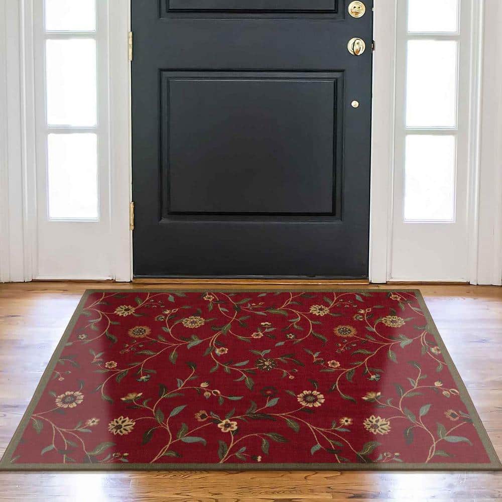 Red Floral Leaves Non-Slip Rubberback 3x5 Area Rug