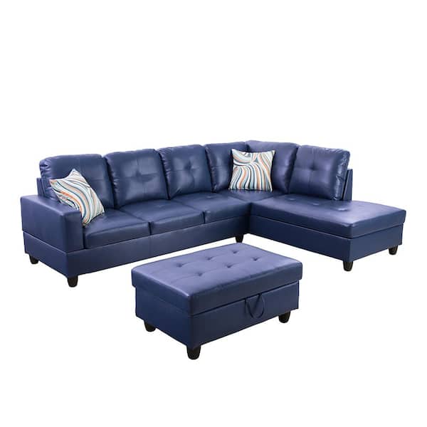 Star Home Living Starhome Living 25 in. W Round Arm 3-Piece Faux Leather 4-Seats L Shaped Sectional Sofa in Blue
