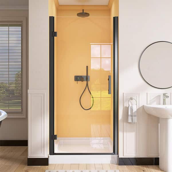 NTQ 36-37.5 in. W x 72 in. H Frameless Pivot Shower Door in Matte Black Shower Panel with 1/4 in. Clear Glass Left Hinged