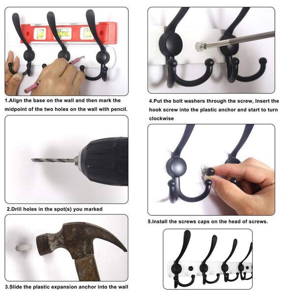 14 in. Wall Mounted Hook Rack in Black, 2 Pack