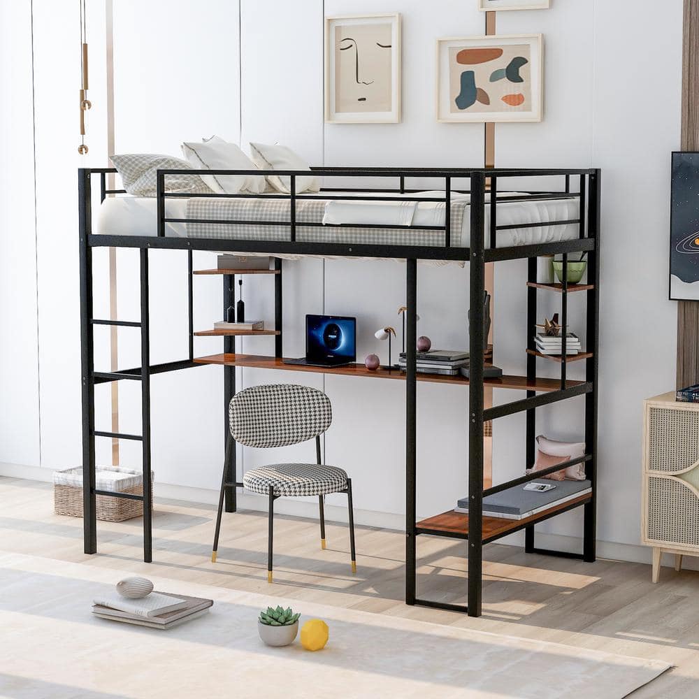 Harper & Bright Designs Black and Brown Twin Size Metal Loft Bed with ...