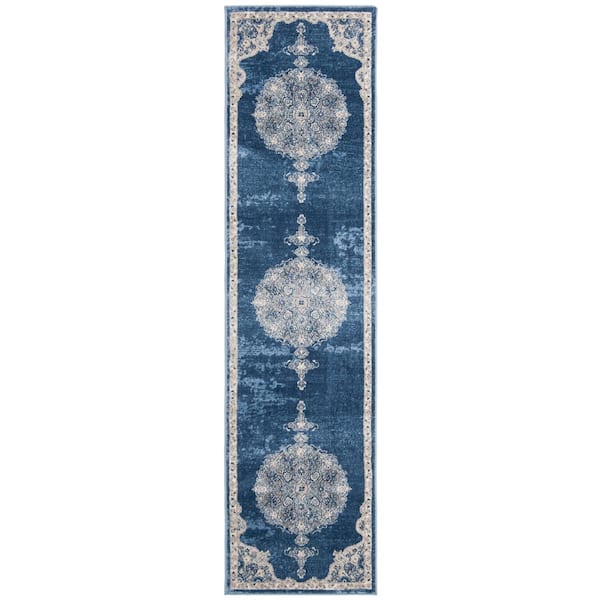 SAFAVIEH Brentwood Navy/Light Gray 2 ft. x 10 ft. Distressed Medallion Floral Runner Rug
