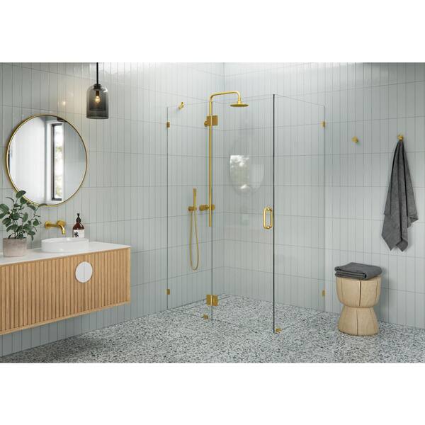 Glass Warehouse 48 in. W x 37 in. D x 78 in. H Pivot Frameless Corner Shower Enclosure in Satin Brass Finish with Clear Glass