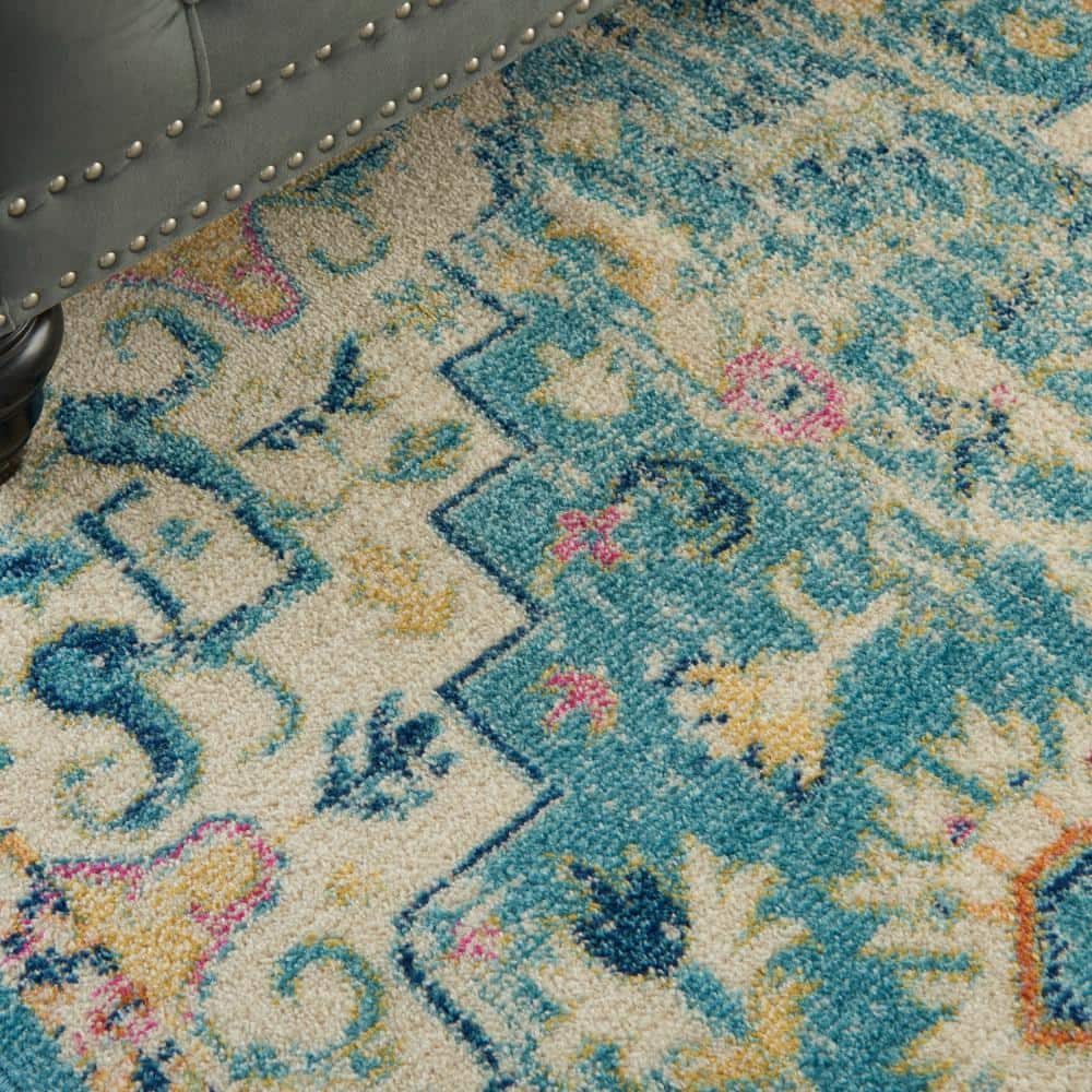 Ivory and Turquoise Floral Power-Loomed 6'7" x 9'6" Area Rug