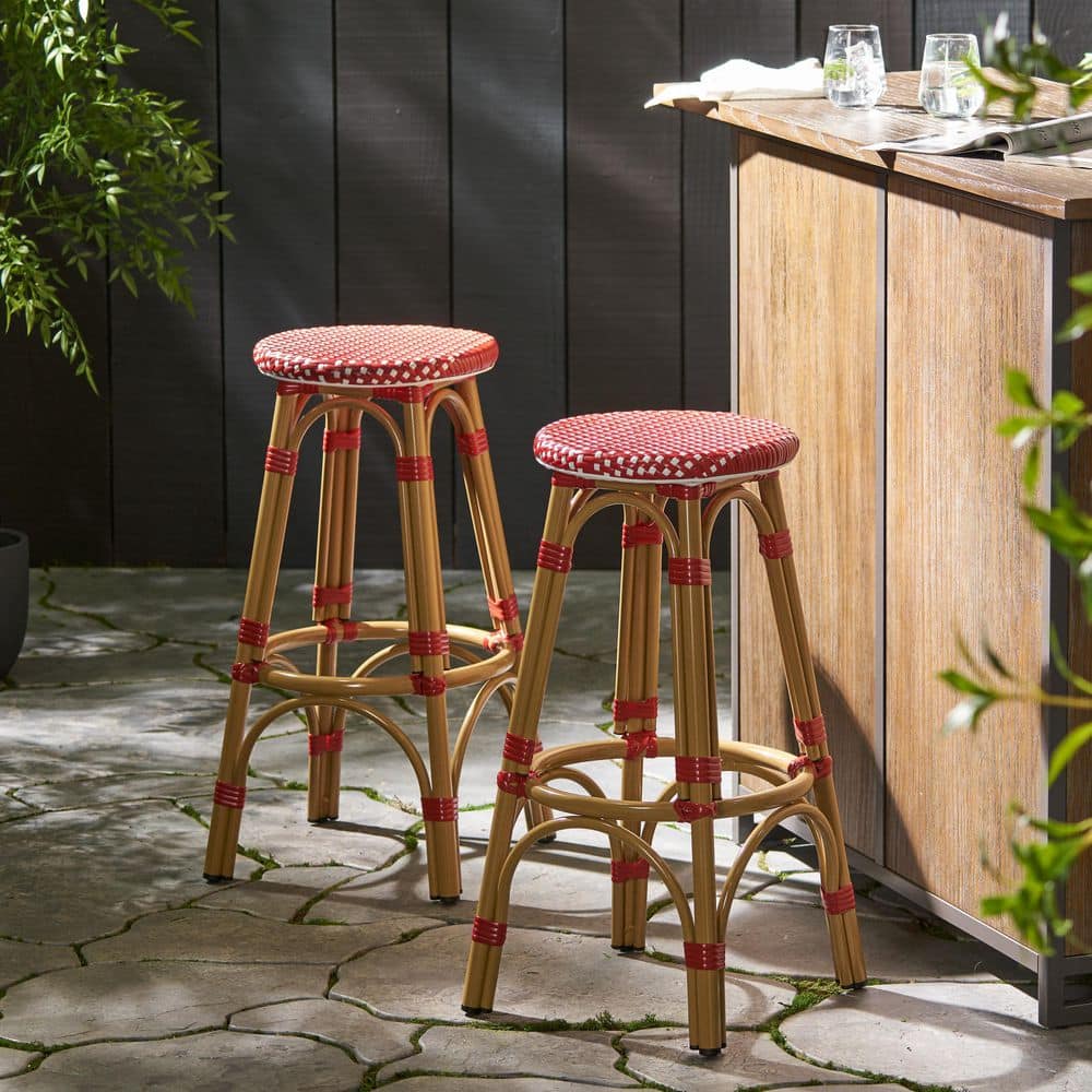 Starla French-Inspired Red and White Bamboo-Finish 29.5" Outdoor Barstools