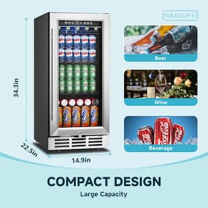 15 in. Single Zone 127-Cans Undercounter Freestanding/Built-in Beverage and Wine Cooler in Black, Visible Glass Door