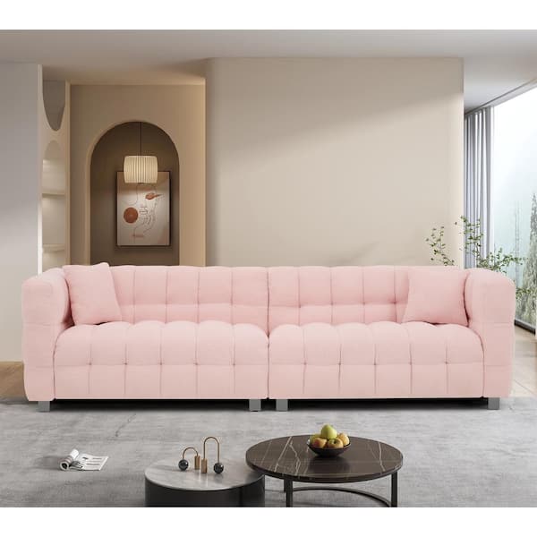 102 in. Wide Square Arm Teddy Fabric Modern Rectangle Upholstered Sofa in Pink