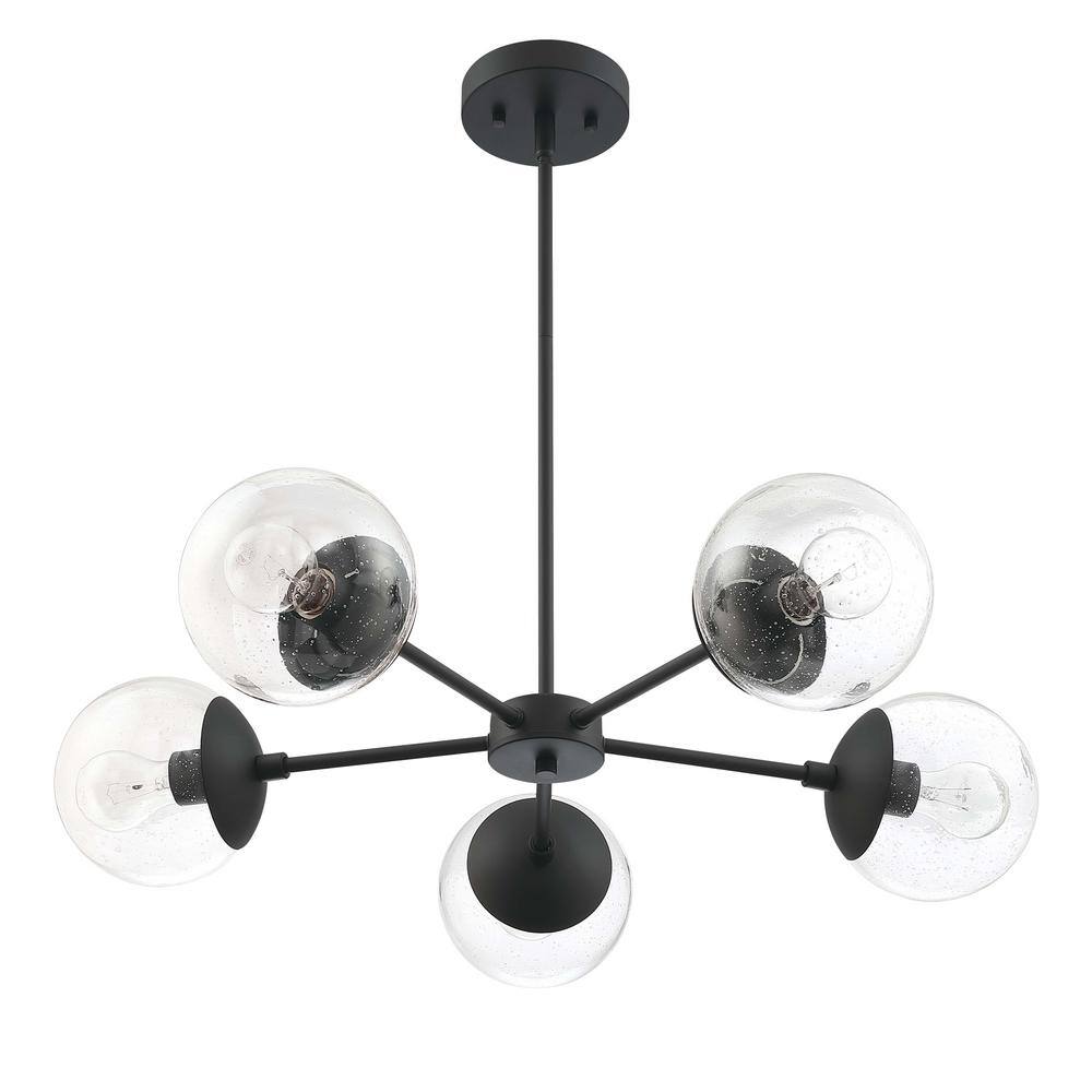 Matte Black 5-Light Chandelier with Seedy Glass Shades