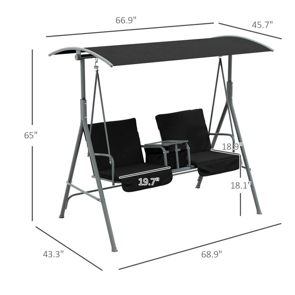 Black Metal 2-Person Porch Swing with Canopy and Cushions