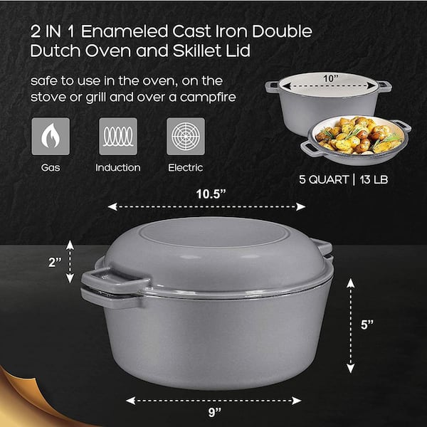 5-Quart Gas & In Oven Compatible Enameled Blue 2 in 1 Enameled Cast Iron Double Dutch Oven & Skillet Lid Induction Electric 
