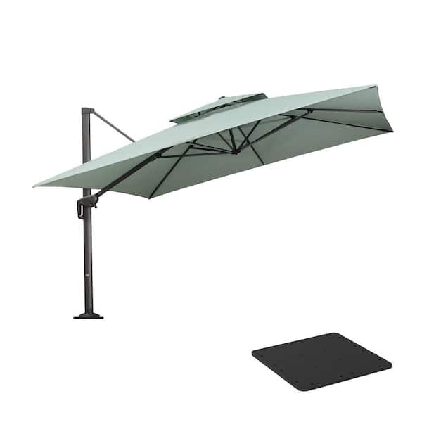 PURPLE LEAF 12 ft. Square 2-Tier Aluminum Cantilever 360° Rotation Patio Umbrella with Base Plate, Mint Green