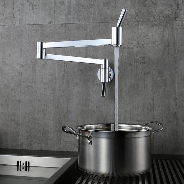 Brass Wall Mount Pot Filler with Double Vertical Handle, 2-Aerators and Swing Arms Kitchen Faucet in Polished Chrome