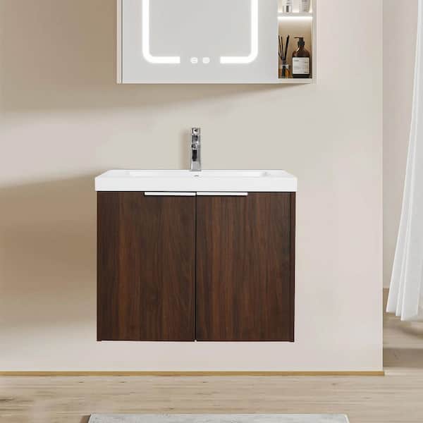 Satico 23.62 in. Wall-Mounted Walnut Bath Vanity with White Resin Top Unassembled