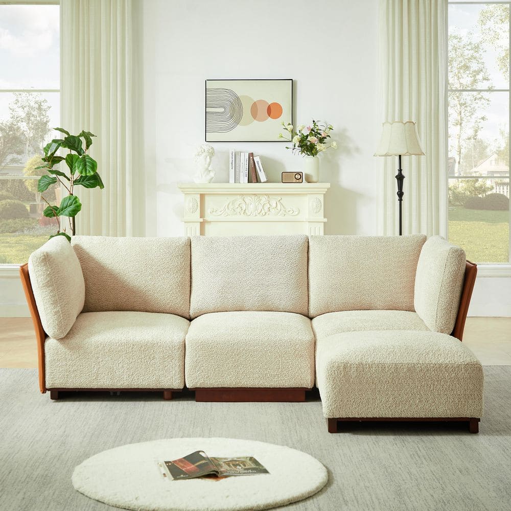 Cadak 94.5 in. W L-Shaped Pillow Top Arms Chenille Modular Sectional Sofa in Sesame with Ottoman