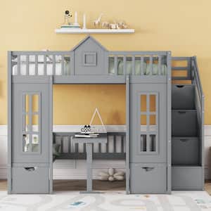 Gray Full over Full Bunk Bed with Changeable Table, Storage Staircases and 2-Drawers