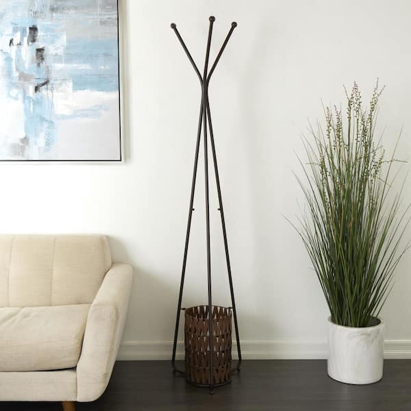 Litton Lane Brown Metal 3 Hanger Coat Rack with Brown Woven Basket and Ball Details