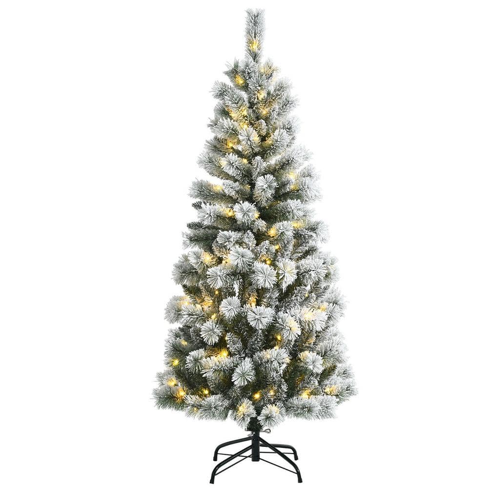 ANGELES HOME 5 ft. Pre-Lit PVC Flocked Hinged Artificial Christmas Tree with Remote