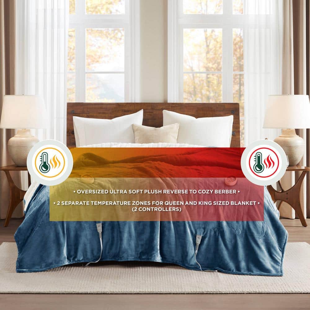Sapphire Blue Twin Reversible Heated Plush to Berber Blanket