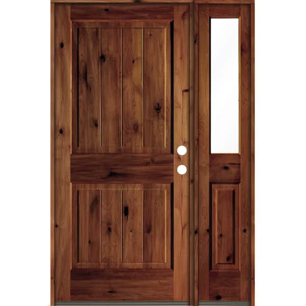 Krosswood Doors 50 in. x 80 in. Knotty Alder Square Top Left-Hand/Inswing Clear Glass Red Chestnut Stain Wood Prehung Front Door w/RHSL