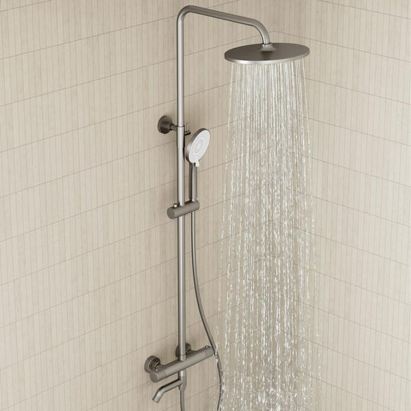 10 in. Round 3-Spray Wall Bar Shower Kit with Fixed Head and Multifunctional Handheld in Brushed Nickel (Valve Included)