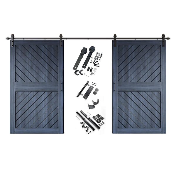 HOMACER XT4 42 in. x 84 in. C-Panel Navy Slanted Stripe Design Double Pine Wood Sliding Barn Door with Hardware Kit