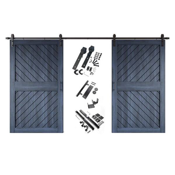 XT4 48 in. x 84 in. C-Panel Navy Slanted Stripe Design Double Pine Wood Sliding Barn Door with Hardware Kit