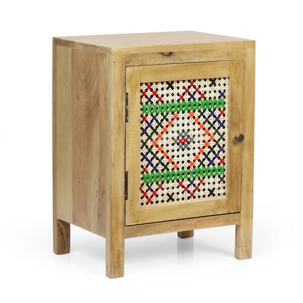 Noble House Krass Natural and Multi-Colored Nightstand with Wool Accents 22 in. x 16.5 in. x 12 in.
