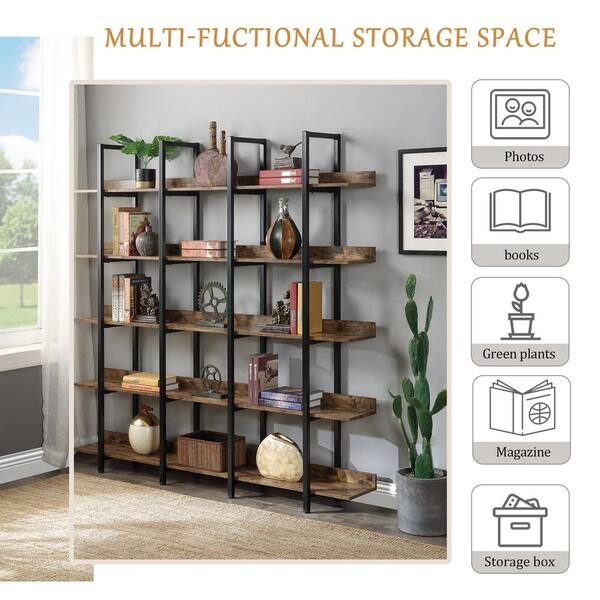 Polibi 70.87 in. H Brown Vintage Industrial Style 5-Shelf Bookcase