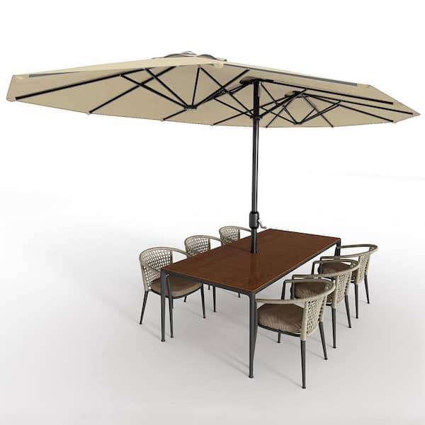 15 ft. Rectangular Outdoor Double-Sided Market Patio Umbrella with Crank Lift & Base in Beige