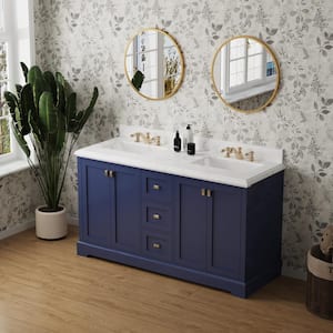 Moray 60 in. W x 22 in. D x 40 in. H Freestanding Double Sinks Bath Vanity in Navy Blue with White Marble Countertop