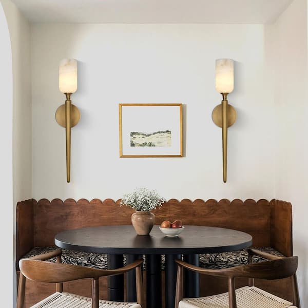 2-Light 5 in. Brass Alabaster Wall Sconces with Alabaster Shades, Vanity Lights, Bathroom Lighting (Bulbs Included)