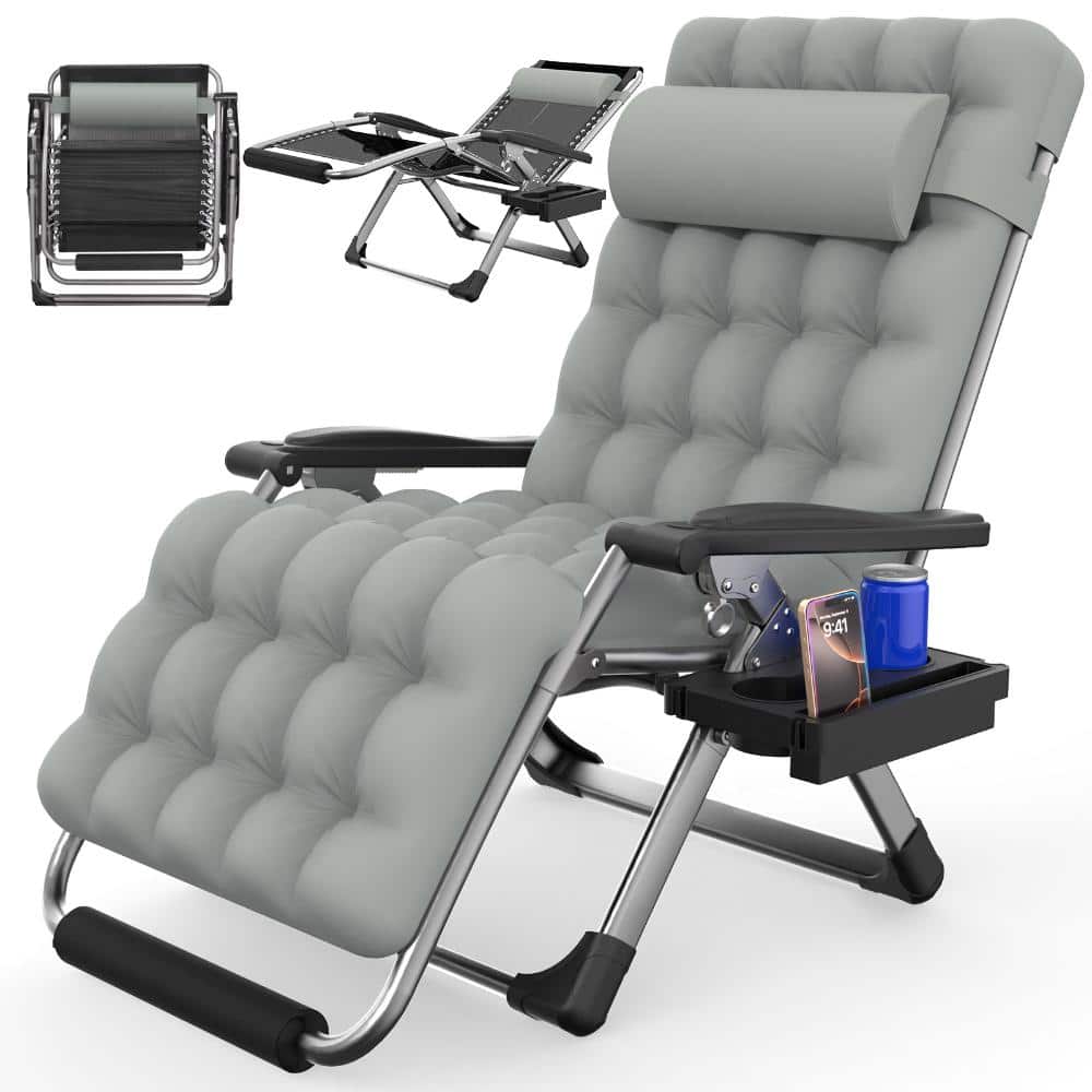 Reclining Patio Lounger Chair Steel Wide Zero Gravity Chair with Cup Holder&Headrest&Removable Gray Mattress